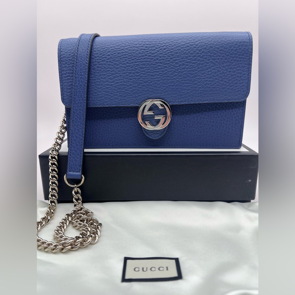❌SOLD❌NWT Gucci Dollar Calfskin Interlocking G Chain Wallet Bag Caspian Blue - Picture 2 of 13